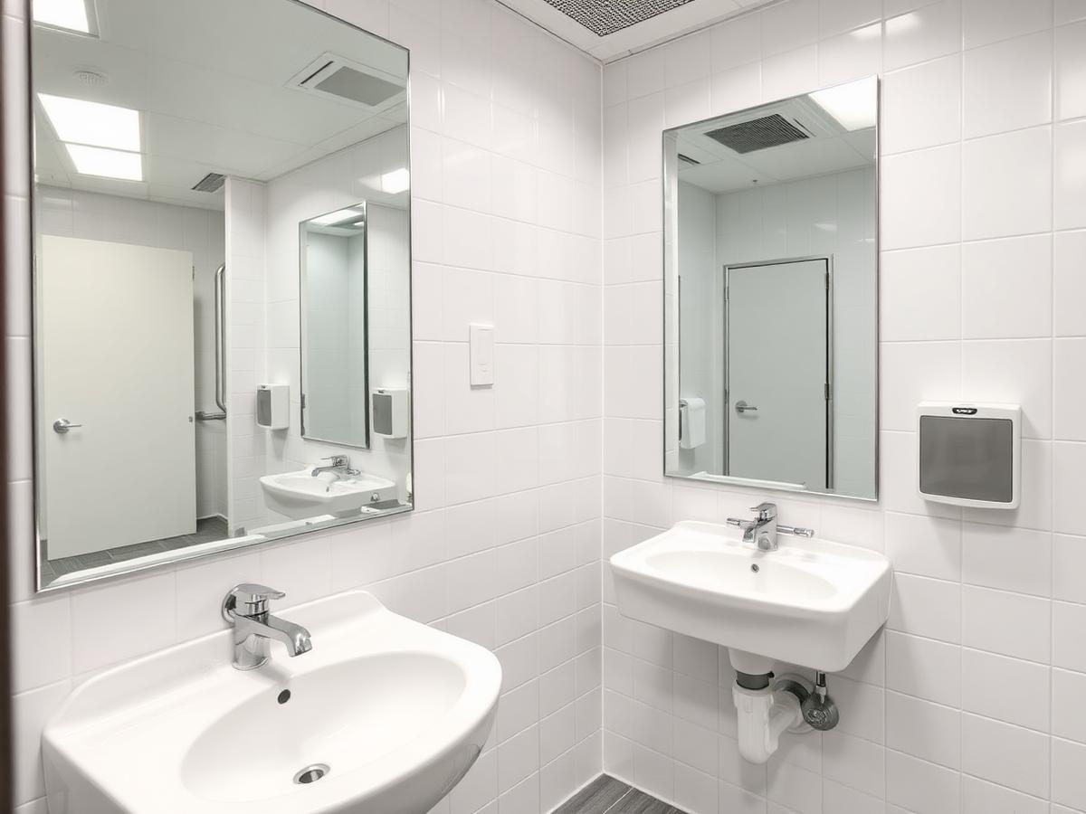 Sanitized office restroom with spotless sinks and mirrors